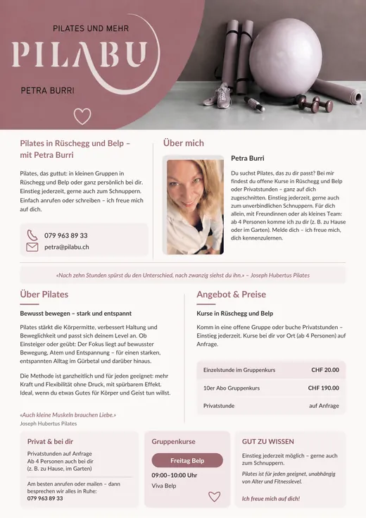 Vorschau des PILABU-Flyers mit Angebot, Preisen und Kontakt